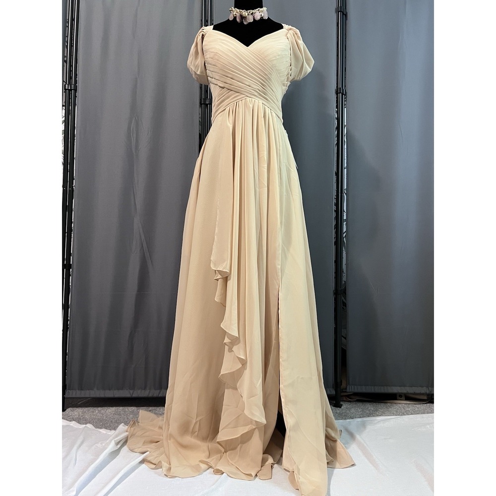 Champagne Prom Dress Sz S Corset Chiffon Ball Gown Pleated Pockets Formal #J